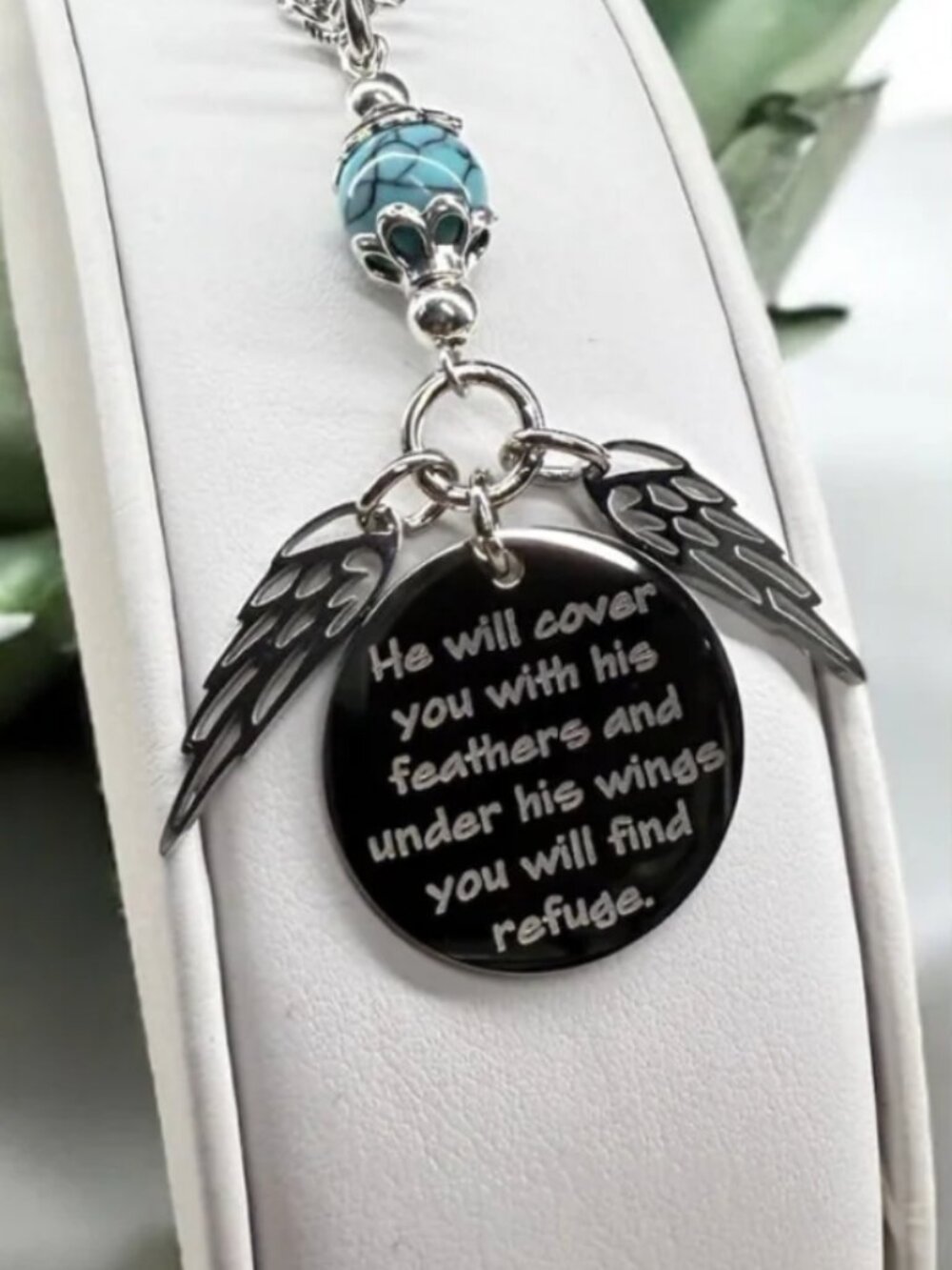 Psalm 91:4 Engraved Double Wings Car Charm With Blue Torquoise Stone